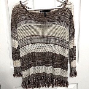 White House Black Market ecru and brown sweater with fringe size medium